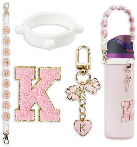 Cute Letter Charm Set Compatible with Owala Water Bottle 24 oz, 32 oz, 40 oz, Owala Kids, Owala Coffee Tumbler, Owala FreeSip – Includes Handle Strap, for Owala & Stanley Cup Accessories (Pink, K)