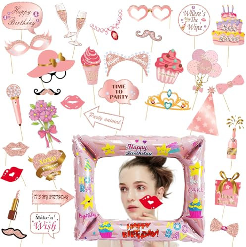 TYXHXTF Geburtstag Foto Requisiten, Fotobox Accessoires, Aufblasbarer Fotorahmen, Rosegold Foto Booth Requisiten Dekoration, Party Zubehör für Mädchen Frauen