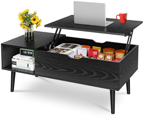 OLIXIS Wood Lift Top Coffee Table with Hidden Compartment and Large Storage Shelf, Lift Tabletop Dining Center Table for Home Living Room Office, Black