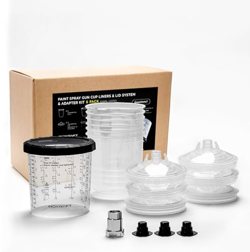 InoKraft Système de gobelets jetables Standard de 650 ML avec 6 gobelets et couvercles, 1 gobelet Rigide avec Anneau de retenue, 3 Bouchons, système de Peinture pour HVLP/LVLP avec Adaptateur