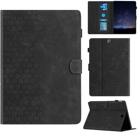 Rosbtib Coque pour Samsung Galaxy Tab S2 9.7 Pouces 2015 SM-T810/T815 boîtier avec Support avec Fente pour Carte, Motif Hexagonal structuré Housse en Similicuir pour Galaxy Tab S2 9.7 2015, Noir
