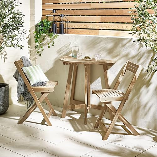 Furniturebox UK Outdoor Furniture, Lox SOLID WOOD 2 Seat Outdoor Half Round Wooden Folding Dining Table & 2 Folding Wooden Chairs Set, Small Garden Set For Balcony, Patio, Deck