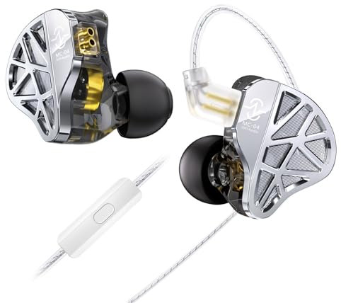 CCZ MC04 Écouteurs Intra Auriculaire, IEM avec Fiche 3.5mm en OFC Argenté, In Ear Monitor avec Micro 10mm Double Driver Hybride 1DD+1BA, Écouteur Gaming Isolation Sonore Compatibles avec Switch
