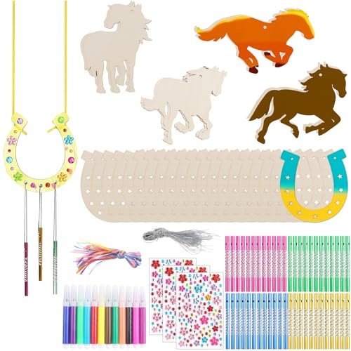 JTgugu 141 Stück Holz Hufeisen Bastelset Pferde Deko zum Bemalen DIY Windspiel Kreatives Bastelhandwerk für Kindergeburtstag Babyparty Hochzeit Kinder Mädchen Junge Geburtstag Geschenk & Partydeko