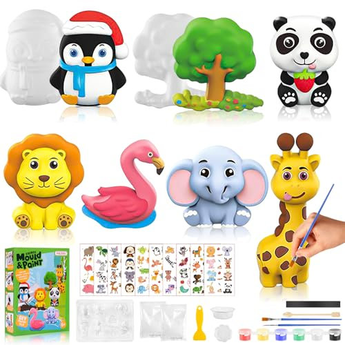 WuGU Juego de yeso de animales, figuras de yeso para pintar para niños, juego de pintura de yeso para manualidades, juego de manualidades con 7 patrones, moldes de yeso para fundir y pintar, regalos