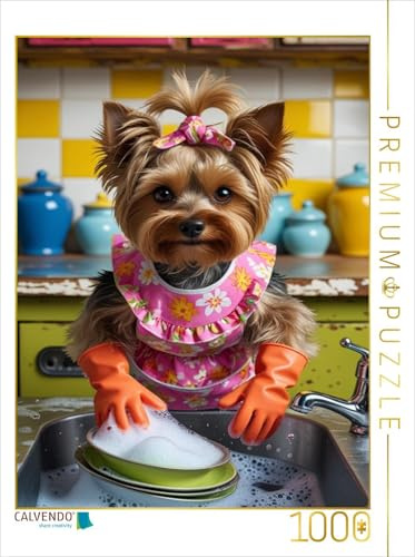 Puzzle · Yorkshire Terrier beim Abwasch – niedlich, witzig und originell | Kleiner Hund mit Schürze, Gummihandschuhen und Spülschaum · das perfe… · 1000 Teile · Lege-Größe 64 × 48 cm · CALVENDO Puzzle