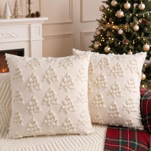 Miaikoe Weihnachtskissenbezüge 50x50 cm 2er Set Dekorative Wollkissenbezug Weiches Plüsch Fälschungsfell Weihnachtsbaum Goldene Linien für Feiertage Winter Wohnzimmer Sofa Creme Weiß