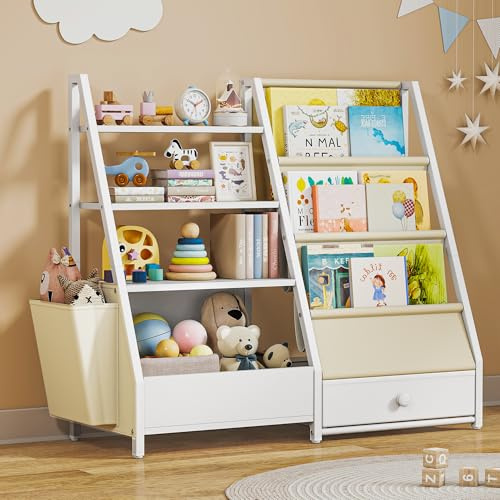Suuiwau Kids Bookshelf with 3 Slings, Drawer and Toy Storage Unit | Children’s Bookcase, Books and Toys Storage Organizer, Kids Bookcase for Bedroom, Playroom, White