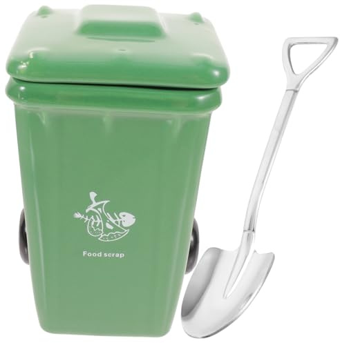 Lurrose Creative Trash Bin Ceramic Mug with Lid and Spoon for Coffee Tea Juice and Beverages Multi-Function Household Cup for Daily Use and Outdoor Picnic in Green