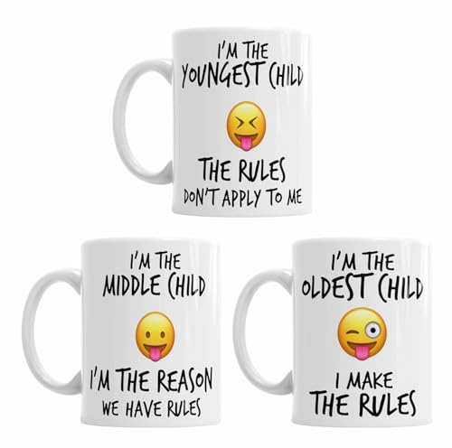 iTRONiK 3 Set Mugs Family Siblings Youngest Middle Oldest Sisters Rules Funny Coffee Tea - Funny Set of Ceramic Photo Mugs (All 3 Child Set)