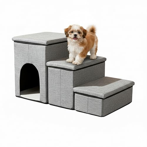 Relaxdays Hundetreppe, 3 Stufen, Höhle & Stauraum, HxBxT: 43 x 75 x 33 cm, faltbar, Hunderampe Bett & Sofa, hellgrau