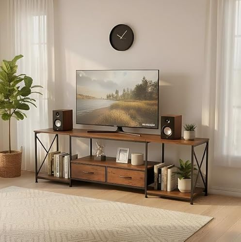 Warmiehomy TV Unit TV Stand Cabinet with 2 Drawers 160X40X53cm,Rustic Brown | Warmiehomy TV Cabinet 160CM with 2 Drawers TV Unit with Open Storage Shelves TV Table Industrial TV Units for Living Room