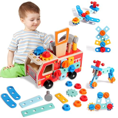TEGOVE Werkzeugkoffer Kinder Werkbank Werkzeug LKW,Kinderwerkzeug Werkzeugwagen,Montessori Werkzeug Holzspielzeug Spielzeug Ab 2 3 4 Jahre,2 in 1 Feuerwehrfahrzeug aus Holz
