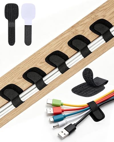 AGPTEK 80Pcs Hook and Loop Cable Ties, Self-Adhesive Cable Straps, Black | Cable Management Under Desk, Reusable Cord Organizer Wire Holder for Desk Home Office Organization Under Table