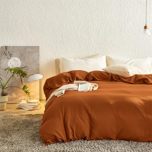 Covebett Doppelte Musselin Bettwäsche Baumwolle 135x200 Karamell Braun Uni Atmungsaktiv Bettwäsche-Sets ÖKO-TEX Orange Einfarbig Weich Bettbezug mit Reißverschluss und 1 Kissenbezug 80x80cm