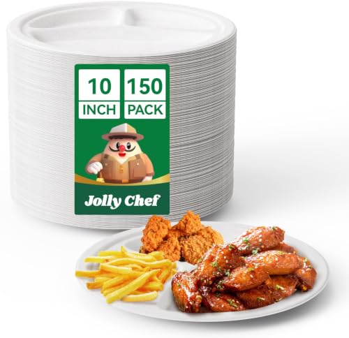 JOLLY CHEF 150 Pack 10 Inch Round 3 Compartment Disposable Bagasse Plates | Biodegradable Divided Plates, Heavy-Duty Microwave & Freezer, Leak-Proof and Eco-Friendly Disposable Tableware