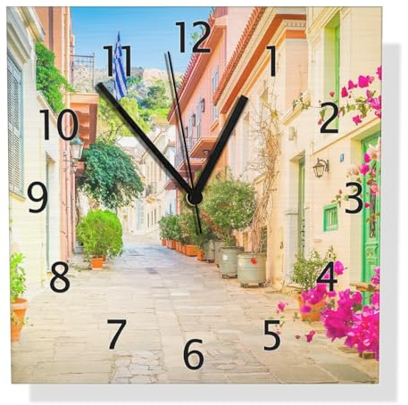 Wallario Design Wanduhr Mediterrane Straße im Blütenrausch aus Aluverbund, Alu-Uhr Größe 30 x 30 cm, Schwarze Zeiger mit Metalloptik