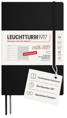 LEUCHTTURM1917 Wochenkalender 2027 A5 mit Notizbuch, liniert - Terminplaner Deutsch, 18 Monate Juli 2026 - Dezember 2027, Schwarz, Softcover, 210 x 145 mm, Wochenübersicht links + Notizseite rechts