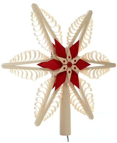 Rudolphs Schatzkiste Baumschmuck Christbaumspitze EL. Beleuchtet Mittig mit Holzstern Rot (Beidseitig) BxHxT=31x28x5cm NEU Weihnachten Christbaum Baum Spitze Holzschmuck Holz Seiffen Erzgebirge