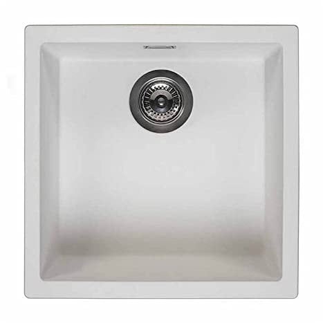 Reginox Amsterdam 40 PW Single Bowl Integrated Regi-Granite Metal Kitchen Sink, Heavy-Duty Un Polished Inset and Undermount Sinks with Overflow Drain, Waste Kit, Clips and Seals, Pure White