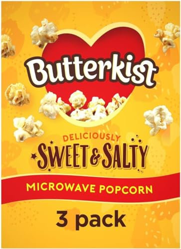 Butterkist Palomitas de maíz dulces y saladas para microondas, 1 caja (3 bolsas de 60 g), listas en 3 minutos, 128 calorías por porción, sin gluten, sin colores ni sabores artificiales, adecuadas para