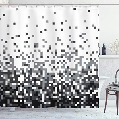 ABAKUHAUS Geometrisch Duschvorhang, Squares Graustufen, Stoffliches Gewebe Badezimmerdekorationsset mit Haken, 175 x 220 cm, Grau Dunkelgrau Weiß