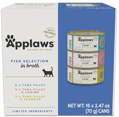 Applaws Natural Wet Canned Cat Food, Limited and Natural Ingredients, High Protein with No Artificial Additives, Fish Selection Variety Pack in Broth (16 x 2.47oz Cans)