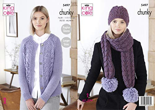 King Cole 5497 Strickmuster für Damen, Strickjacke, Mütze, Schal, Pappel, grob