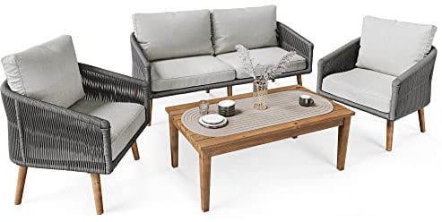 di volio Exlusive Sitzgruppe Matera - Seilgeflechtes Lounge Set für Garten, Balkon & Terrasse mit Sofa, 2 Sesseln und Tisch aus Akazienholz - Gartenmöbel-Set in Holzoptik