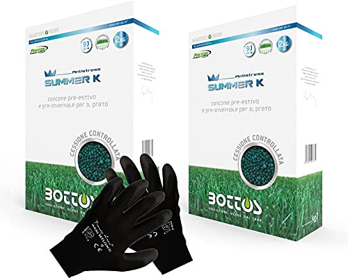 Summer K Bottos - 4 Kg Fertilizzante estivo ed invernale, antistress + Guanti da giardino Maxi Nylon B neri in poliestere e poliuretano