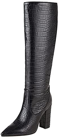 SJJH Stivali da donna a mezza altezza con tacco medio e punta appuntita, nero 1, 45 EU