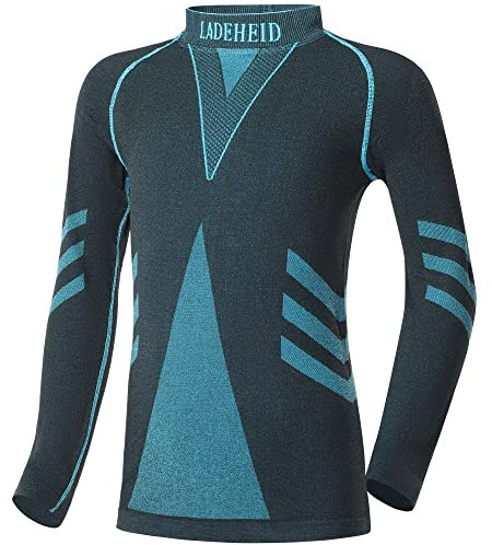 Ladeheid Thermounterwäsche Kinder Funktionsunterwäsche Thermoaktives Langarm Shirt Skiunterwäsche LAGI007 (Schwarz/Turquoise, 122-128)