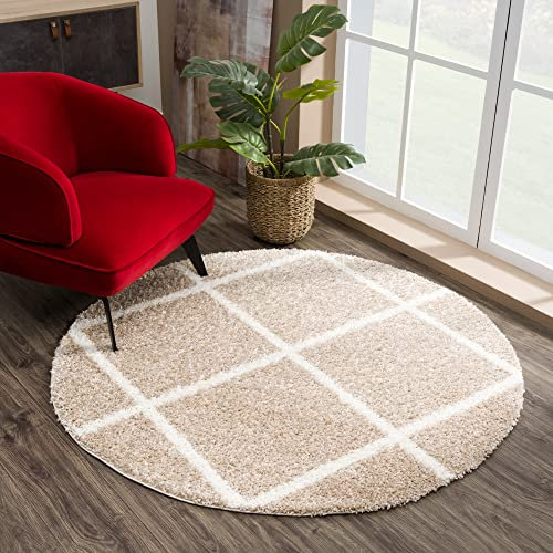 SANAT Madrid Shaggy Teppich Rund - Hochflor Teppiche für Wohnzimmer, Schlafzimmer, Küche - Beige, Größe: 120 cm