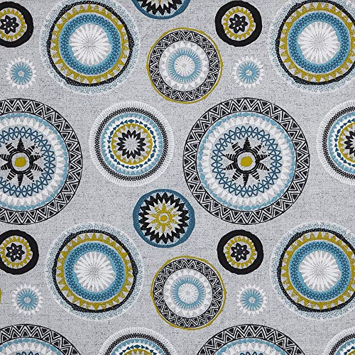 Kt KILOtela - Bedruckter Leinwandstoff, Dekoration, Kissen, Polsterung, 100 cm Länge x 280 cm Breite, Mandala, Türkis, Grau - 1 Meter