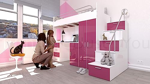 Modern Cabin High Sleeper Bed Bunk Bed Loft Bed Storage Mid Sleeper High Bed Wardrobe Desk Stairs Set Foam Mattress Included EDEN 4S (Pink), Small Single