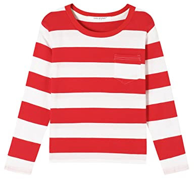 Boys Girls Cotton Long Sleeve Striped T-Shirts Kid Tee Age 4T 5 6 7 8 9 10 11 12 Crew Neckline Shirt, Red and White, Age 13-14 Years