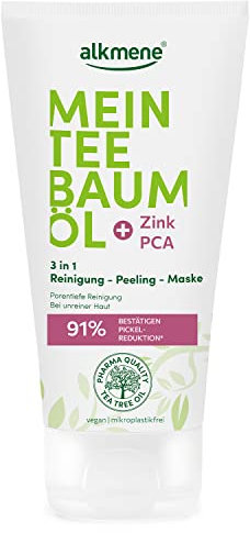 alkmene Mein Teebaumöl 3in1 Reinigung Peeling Maske 150 ml Pickel Reduktion 91% bestätigt - naturreines Teebaumöl, vegan & klimaneutral - Gesichtspeeling für unreine Haut - Peeling Gesicht