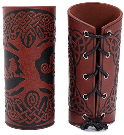 GORGECRAFT 2 Pulsera de Cuero con Patrón de Árbol de la Vida, Muñequeras, Protectores de Brazo, Hebilla de Tiro con Arco, Brazaletes de Cuero Unisex para Hombres Y Mujeres (Marrón Coco)