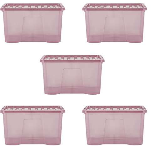 Wham Crystal 5 x 60L Stackable Plastic Storage Boxes with Lids | Ideal for Home, Office, Toys & More | Large Boxes | Made in UK - Dusky Orchid