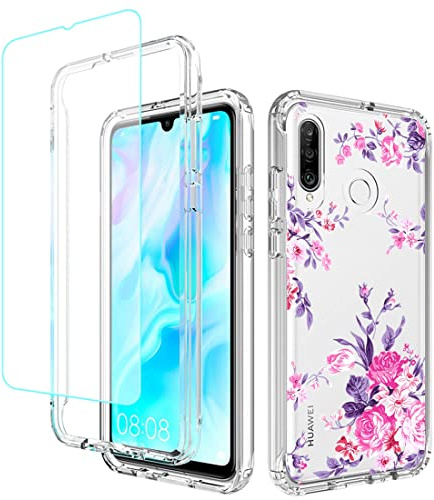Sidande Handyhülle für Huawei P30 Lite/Nova 4E Hülle mit gehärtetem Glas Displayschutz, Transparente Blumen TPU Vollschutz-Set mit Stoßfestigem Rahmen Schutzhülle für Huawei P30 Lite Rosenblume