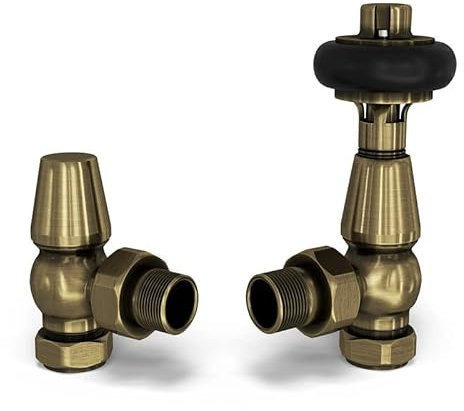 UK Radiators Antique Brass Thermostatic Radiator Valve and Angled Lockshield - Brushed Antique Brass Finish - Traditional Design 1/2 x 15mm Wooden Head Radiator Valve