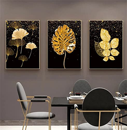 Premium 3er Bilder Set Moderne Schwarze Goldene Blattbaum Poster ohne Bilderrahmen - Wandkunst Wandbilder Deko für Wohnzimmer und Schlafzimmer (21x30cm)
