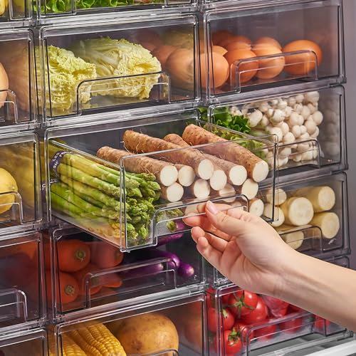 Taiuloo 2 Pack Fridge Drawers, Clear Refrigerator Organizer Bins with Pull-out Drawer, BPA-Free Food Storage Containers, Stackable Storage Box for Pantry Kitchen Freezer Cabinet Makeup Bathroom