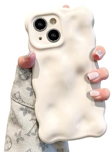 UEEBAI Case for iPhone 13 6.1 inch, Cute Solid Color Curly Wave Shape Shockproof Soft TPU Bumper Phone Case, Candy Water Ripple 3D Silicone Slim Pretty Case Non-yellowing Cover,White