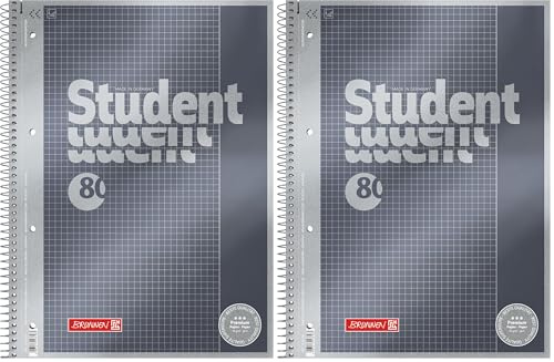 Brunnen Notizblock/Collegeblock Student Premium, 4-fach-gelocht (Veredeltes DeckBlatt mit Metallic-Effekt, A4, kariert Lineatur 26, 90 g/m², 80 Blatt) (Packung mit 2)