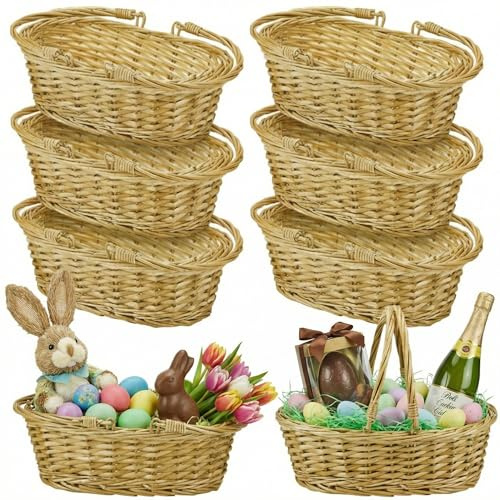 Sintuff 6 Pcs Small Wicker Picnic Basket with Handle 12.6 x 8.27 x 3.15 Inches Oval Willow Woven Braided Gifts Basket for Fruit Bread Snack Garden Wedding Harvest Gathering Party Storage Decor