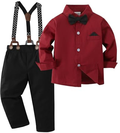 Amissz Baby Jungen Gentleman Set, Kinder Festliche Kleidung Taufkleidung Anzug Langärmeliges Shirt & Hosen Outfit Rot, 3-4 Jahre