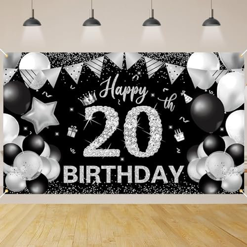 20 Geburtstag Dekoration,BTZO 20 Geburtstag Banner Schwarz Silver,Extra Große 20 Geburtstag Hintergrund Banner,20 Party Geburtstagsdeko Frau Mann