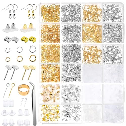 Ohrring Reparatur Set 2290 Stück Schmuckherstellung Set Ohrring Machen Kit Schmuck Basteln Zubehör mit Ohrhaken Sprung Ringe Ohrstopper Ohrstecker Schmuck Creation Kit für die Schmuckherstellung