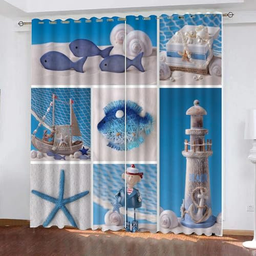 GIOVIA 3D Maritime Vorhänge Abdunkelnde mit ösen 2 Stücks Gardinen Blickdicht Verdunkelungs Strand Leuchtturm Kälteschutz Scheibengardinen für Junge Mädchen Schlafzimmer B 280 X H 260 cm